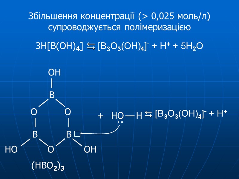 Збільшення концентрації (> 0,025 моль/л) супроводжується полімеризацією 3H[B(OH)4] ⇆ [B3O3(OH)4]- + H+ + 5H2O